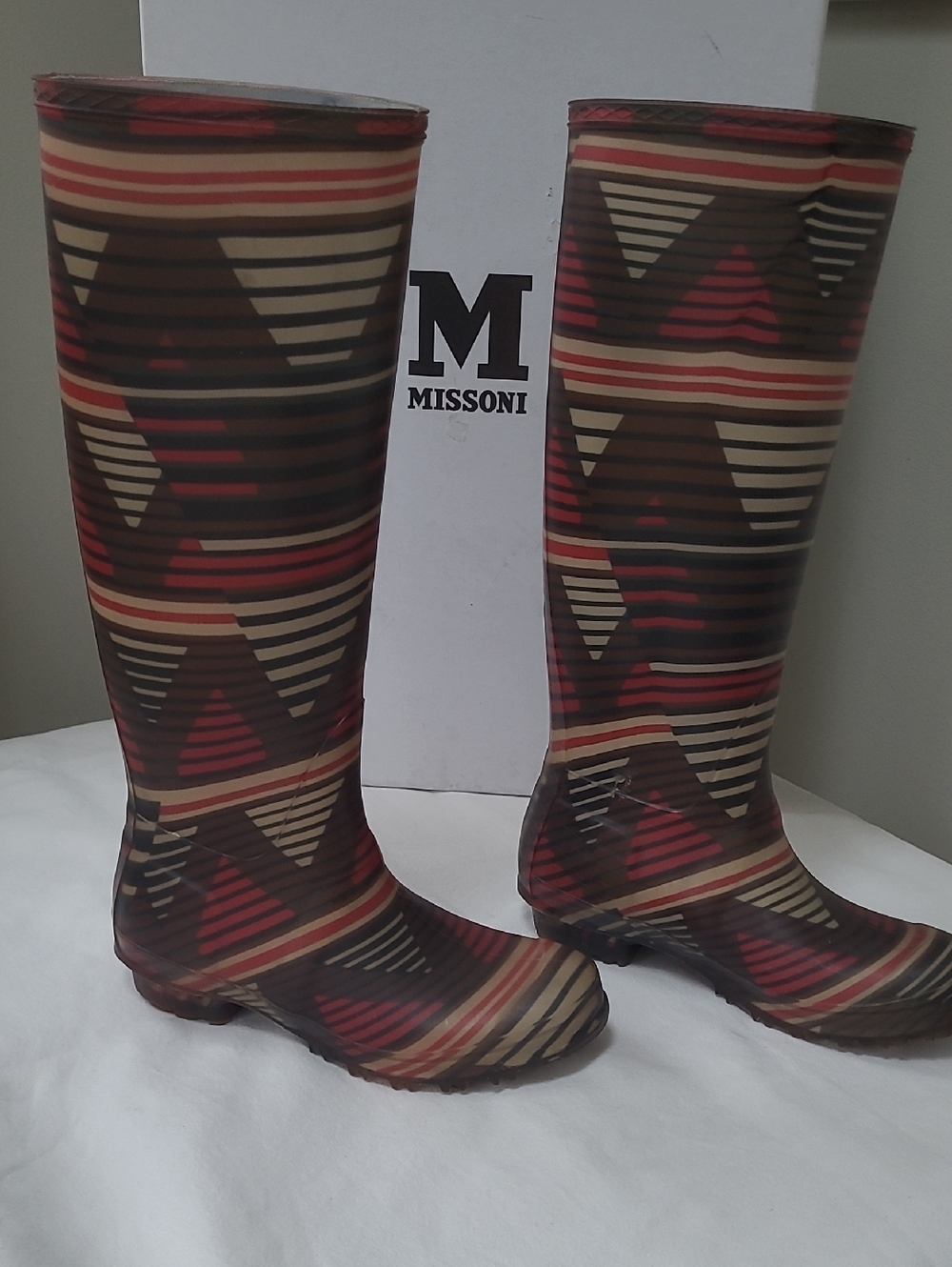 Missoni Multicolor Chevron & Stripe Rain Boots — Brown Red Cream